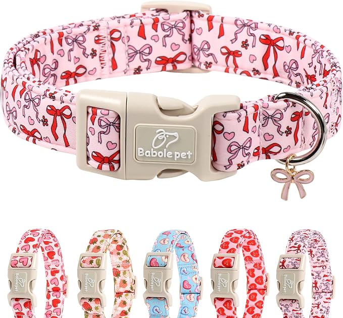 Girl Dog Collar for Small Dogs - Cute Heart Bow Print Girly Dog Collars, Soft Adjustable Spring/Summer Holiday Female Dogs Collar with Quick-Release Buckle XS