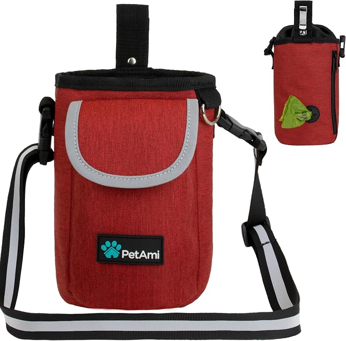 PetAmi Dog Treat Pouch, Large Hands-Free Training Bag, Red | Built-In Poop Bag Dispenser, Holds 3 Cups Of Treats, 4 Ways to Wear, D-Ring, Reflective Strap, Dog Treat Bag for Walking