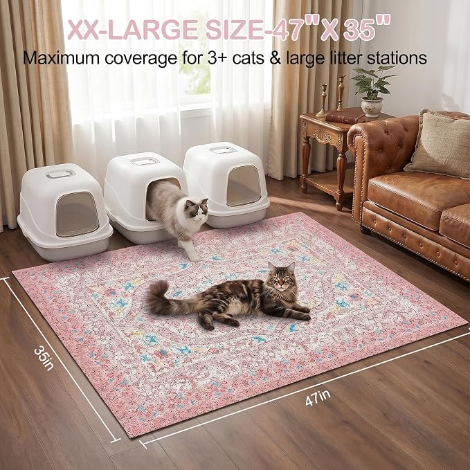 Glittme Cat Litter Mat, 47"x35" Non-Slip Washable Trapping Mat for Cats | Litter Trapping Mat With Thick PVC Coil To Catch Scatter, Soft On Paws And Waterproof Bottom To Protect Floors