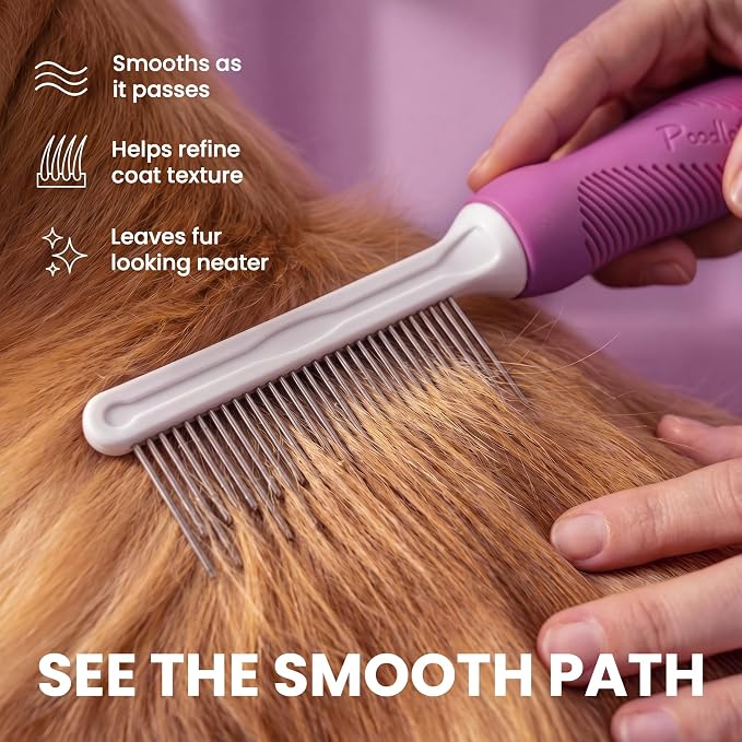 Poodle Pet Detangling Pet Comb with Long & Short Stainless Steel Teeth for Removing Matted Fur, Knots & Tangles – Detangler Tool Accessories for Safe & Gentle DIY Dog & Cat Grooming