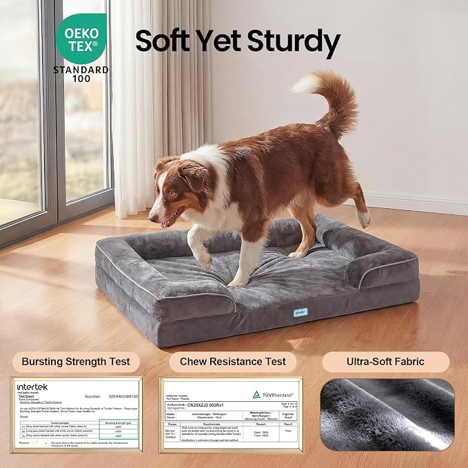 OhGeni Orthopedic Dog Bed Couch Cat Sofa for Large Sized Pets with Memory Foam, Machine-Washable Waterproof Removable Cover, Soft Comfortable Fabric, 35-inch (Gray)