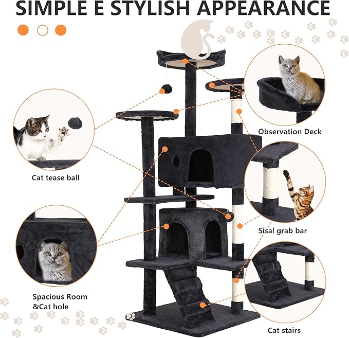 BestPet | 54" Cat Tree Tower | Dark Gray | Sturdy Multi-Level Cat Tree | with Plush Condo, Cozy Perch, Sisal Scratching Posts, Hanging Toy and Hammock | Easy Assembly | for Kittens & Adult Cats