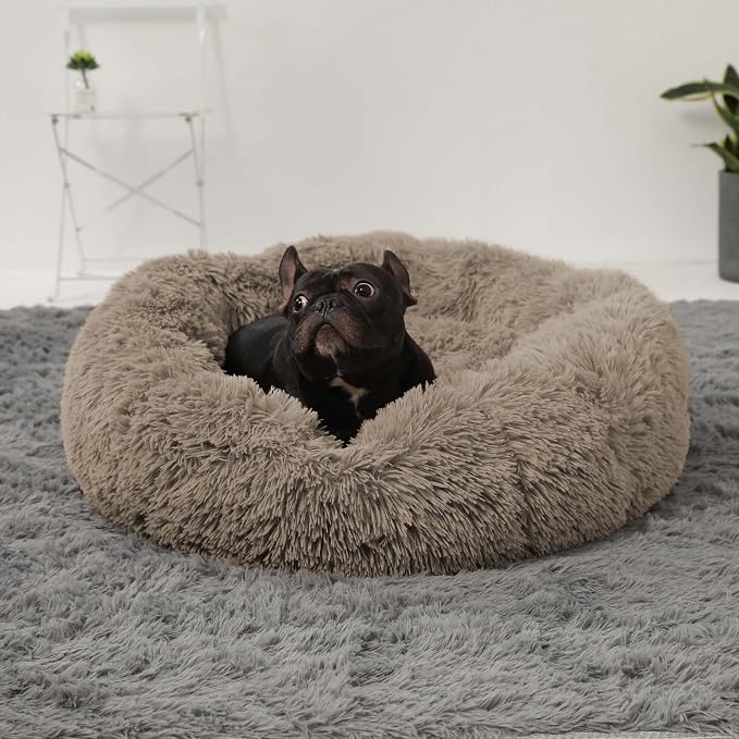 HACHIKITTY Calming Donut Cuddler Dog Bed, Round Fluffy Pet Bed with Sewn-in Cushion for Large Dogs,Washable, Large, Taupe, 23''
