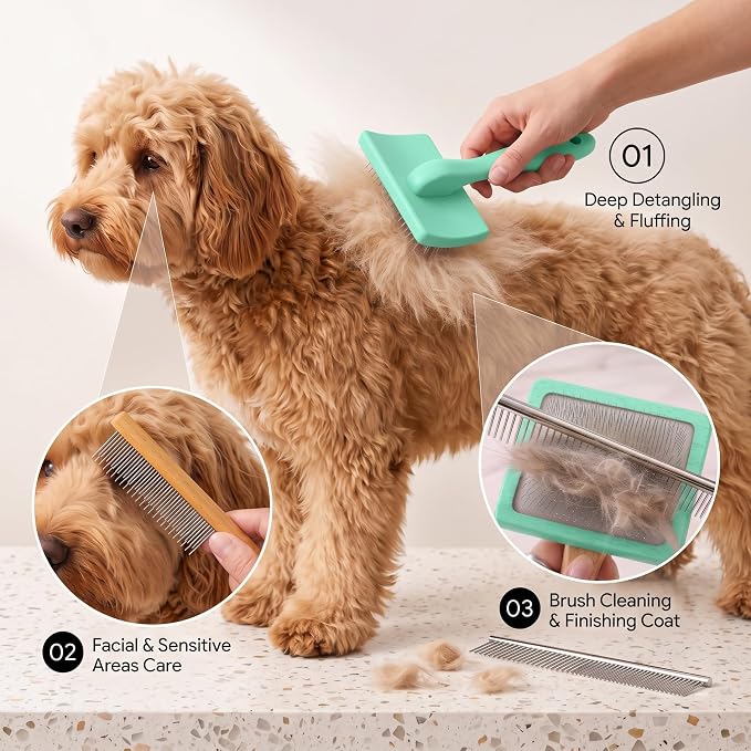 Wooden Long Pin Slicker Brush for Large Dog, Poodles & Doodles Long Hair | Grooming, Fluff & Detangle Heavy Dense Wavy Curly Coats to Easily Prevent Severe Hair Matting During Shedding Seasons