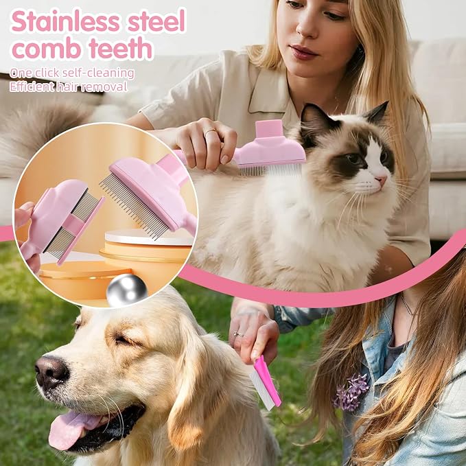 Aglads 8PCS Cat Rabbit Bunny Dog Grooming Kit, Self-Cleaning Slicker Brush & Deshedding Comb, Dematting Tool, Nail Clipper File, Flea Comb, Portable Storage Bag for Long/Short Haired Pets(8, pink)