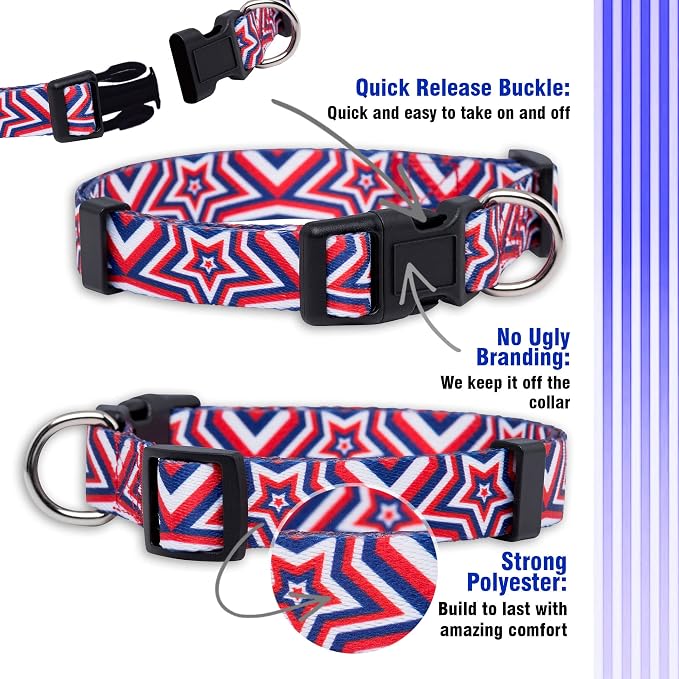 Native Pup American Flag Dog Collar- Red White and Blue- Patriotic Collars for 4th of July, USA- Adjustable Small, Medium, Large Breed Dogs (Large, Big Stars)