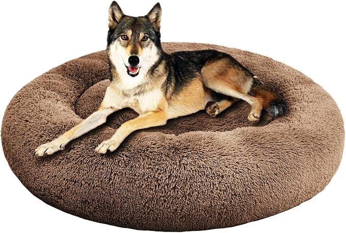 SAVFOX 45 inches Calming Donut Dog Bed - 3X Durable Plush Faux Fur, Machine Washable & Non-Slip, Fits up to 150 lbs, Brown