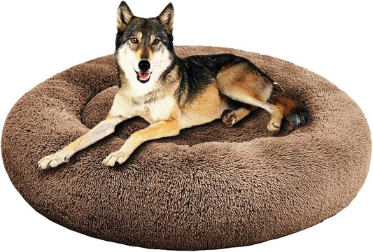 SAVFOX 45 inches Calming Donut Dog Bed - 3X Durable Plush Faux Fur, Machine Washable & Non-Slip, Fits up to 150 lbs, Brown