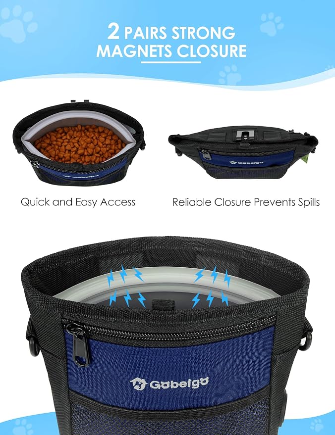 4 Cup Dog Treat Pouch with Silicone Insert Bag& Clicker(Navy Blue) | 2 Pair Magnetic Closures, Belt Clip/Waist Belt/Crossbody Wear, Zipper Pocket Poop Bag Holder for Pet Training/Daily Walking