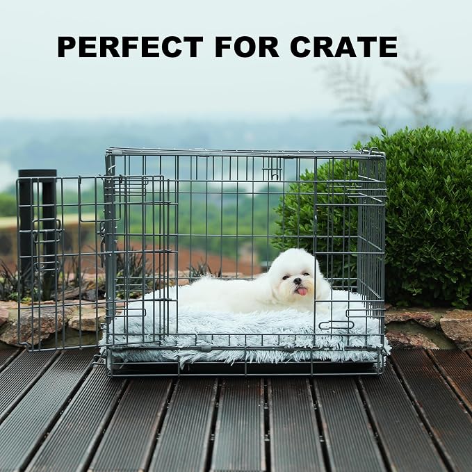Bedfolks Waterproof Crate Bed, Plush Dog & Cat Bed with Removable Washable Cover, Faux Fur Kennel Pad, 21"x13", Grey