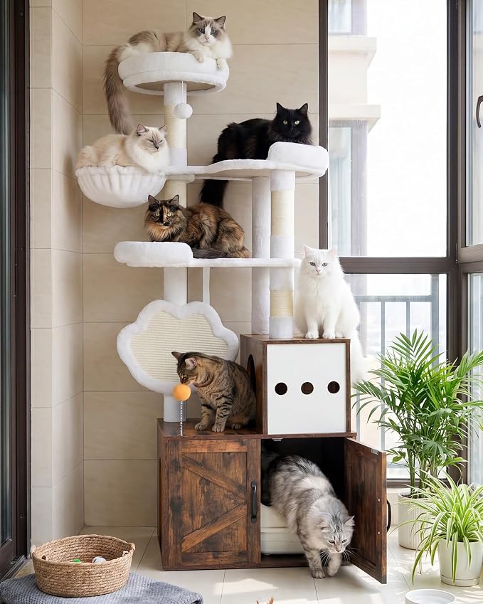 Heybly Cat Tree with Litter Box Enclosure, Modern 64" Hidden Tower HCT105SR | All-in-One Solid Wood Cat Condo for Indoor Cats with Paw-Shaped Board, Multi-Level Perch & Playzone, Rustic Brown