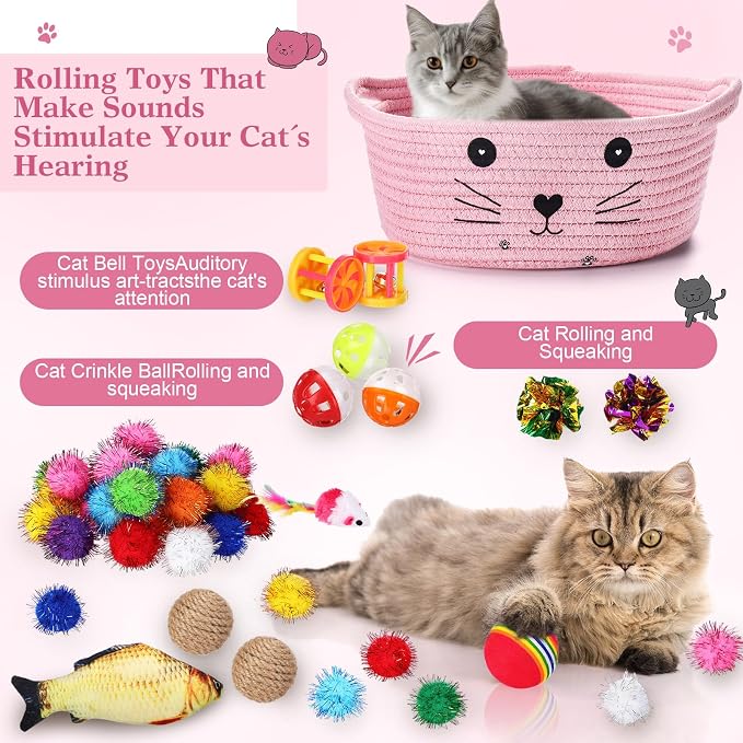 Zopeal 58 Pcs Summer Cat Storage Basket Gift Toys Set, Colorful Flashing Balls Pet Bell Crinkle Balls Spring Toys Attract Cat to Swat, Hunt, Interactive for Pet(Pink,9.8 Inch)