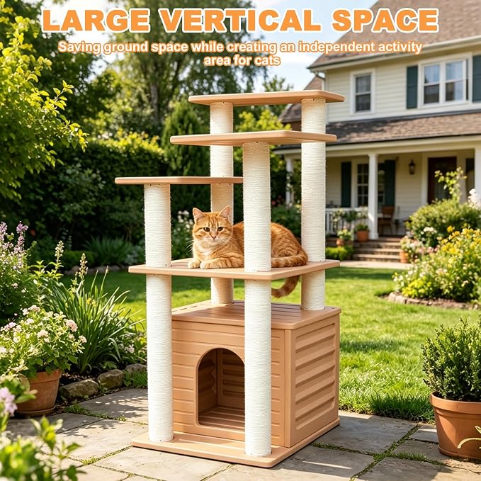 46" Indoor&Outdoor Cat Tower,Weatherproof Cat Condo with Scratching Posts | Khaki Cat Apartment with Waterproof PE Panels&PVC Tubes,Equipped with Polypropylene Scratching Ropes,Sturdy and Durable CTT-9
