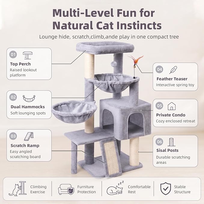 Cat Tree with Cat Condo and Two Hammocks, Cat Tree with Scratching Posts and Scratching Pads, Cat Tower for Indoor Cats, Activity Centre Climbing Tree with Playful Toy Balls, Grey