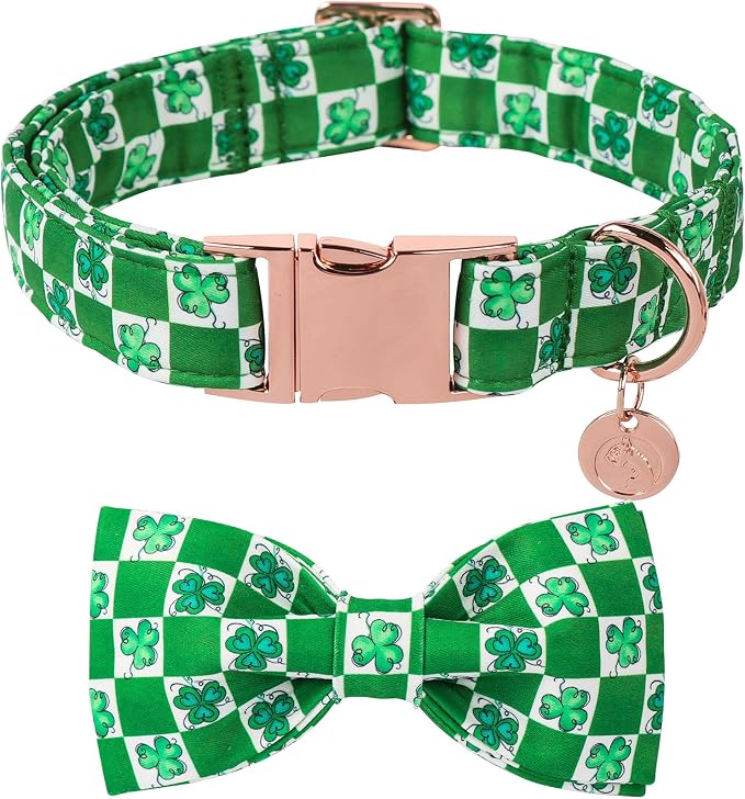 DOGWONG St.Patrick's Day Dog Collar Green Clovers Plaid Bowtie Dog Necklace Adjustable Dog Collar Bow Tie for Small Medium Large Dogs