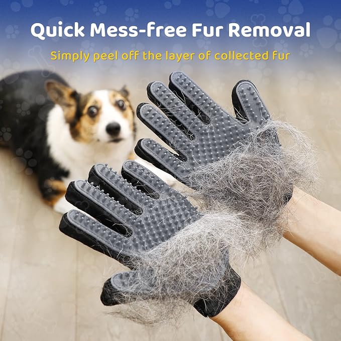 Pet Hair Removal Glove with 255 Silicone Tips for Dogs & Cats, 1 Pair Gray | 2-in-1 Deshedding & Massage Mitt, 5-Finger Flexible Design, for Bathing & Grooming, Safe for Long/Short/Curly Hair Pets
