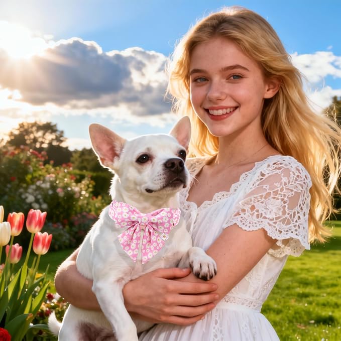 DOGWONG Spring Dog Collar with Sailor Bow, Soft Comfortable Adjustable Cute Pink Daisy Collar Flower Dog Collars for Small Dogs, S