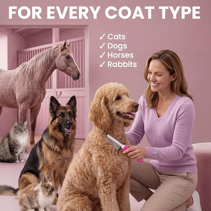 Poodle Pet Detangling Pet Comb with Long & Short Stainless Steel Teeth for Removing Matted Fur, Knots & Tangles – Detangler Tool Accessories for Safe & Gentle DIY Dog & Cat Grooming (Pink)