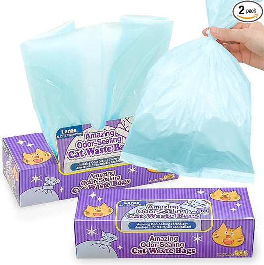 BOS Amazing Odor Sealing Cat Waste Disposal Bags - Durable, Unscented[Size: L, Color: light blue] (60 Count, Pack of 2) (120 Bags) ★NOT a litter box liner