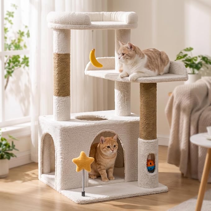 30" Kitten Cat Tower, Compact Beige Cat Tree with Condo & Perch | Plush Finish, Cozy Condo, Soft Top Perch, Sisal Scratching Post, Dangling Ball Toy, Anti-Tip Base, for Cats up to 15 lbs