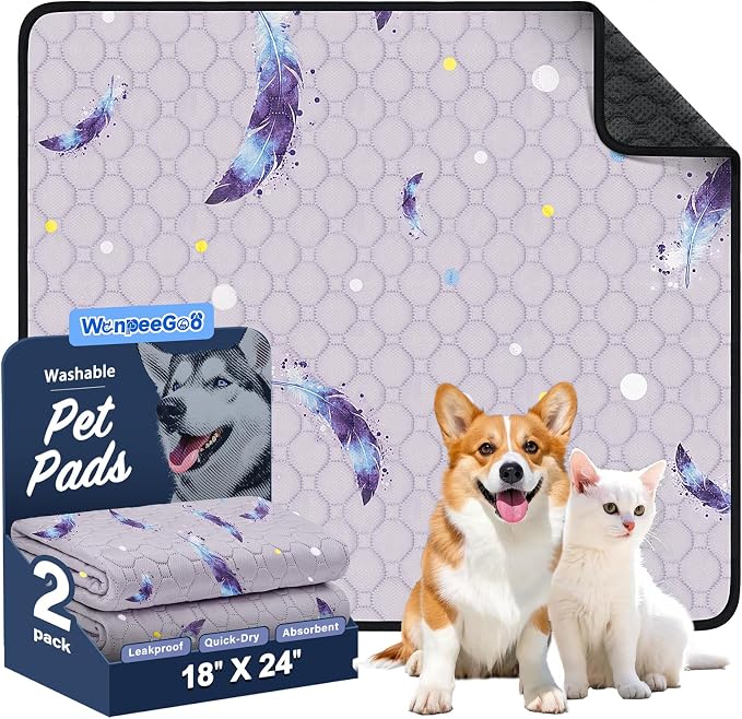 Washable Dog Pee Pads, Non-Slip Waterproof, 18 x 24 in, 2 Pack, Feather | Super absorbent, waterproof and non-slip; washable, reusable dog pads for crates, playpens, floors, furniture and travel