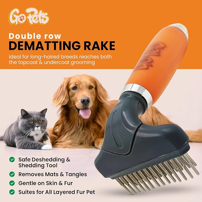 Double Row Dematting Rake Undercoat Deshedding Tool for Dogs & Cats | Dog Brush for Shedding and Grooming, Long Hair Pet Grooming Brush for Mat Removal, Detangling, and Shedding Control