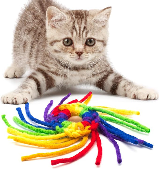 Glaciart One Wool Spider Cat Toy w/Catnip - Soft Fuzzy Enrichment 100% Natural Wool, Interactive Play Cat Toy Set - Safe for Pets, Non-AZO Colored Dyes