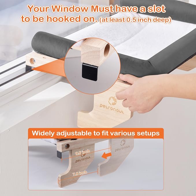 Cat Window Perch + Bonus Toy by Petronaut – Solid Wood, Durable & Easy-Clean, Comfortable Orthopedic Hammock, No Drilling, No Suction Cups, Holds 40 lbs – Window Seat for Large Cats, 21.7"x15"
