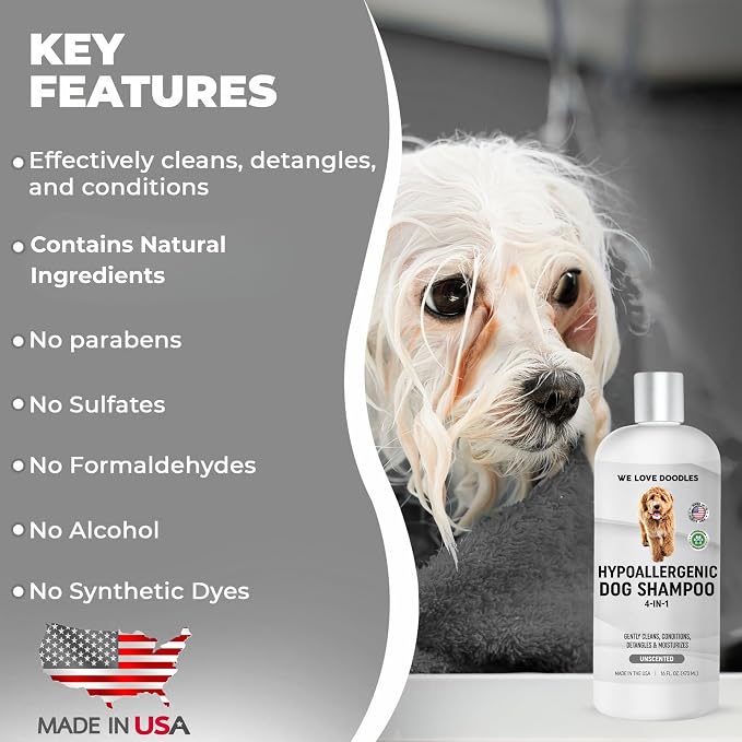 Hypoallergenic Dog Shampoo, Conditioner & Detangler, Tearless USA Made 16OZ | Sensitive Skin Dog Shampoo For Itchy Skin & Allergies, Gentle Cleansing, Moisturizing & Natural For Dogs, Hypoallergenic USA