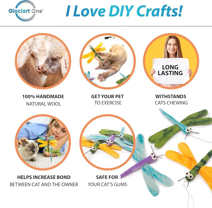 Glaciart One Cat Wand Toy Refill – 3pcs Wool Dragonfly Felt Cat Toy, Durable Lures Attachments for Indoor Play - Filled w/Organic Catnip to Excite/Calm Pet