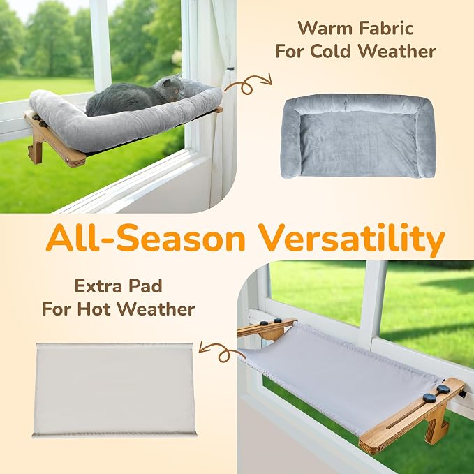 [Ready to Gift] PURRHOUSE Cat Window Perch with Cushion Bolster and Cool Pad, Cat Hammocks for Windows with Wood & Robust Metal Frame for Large Cats, Beds for Windowsill, Bedside and Cabinet,24''W