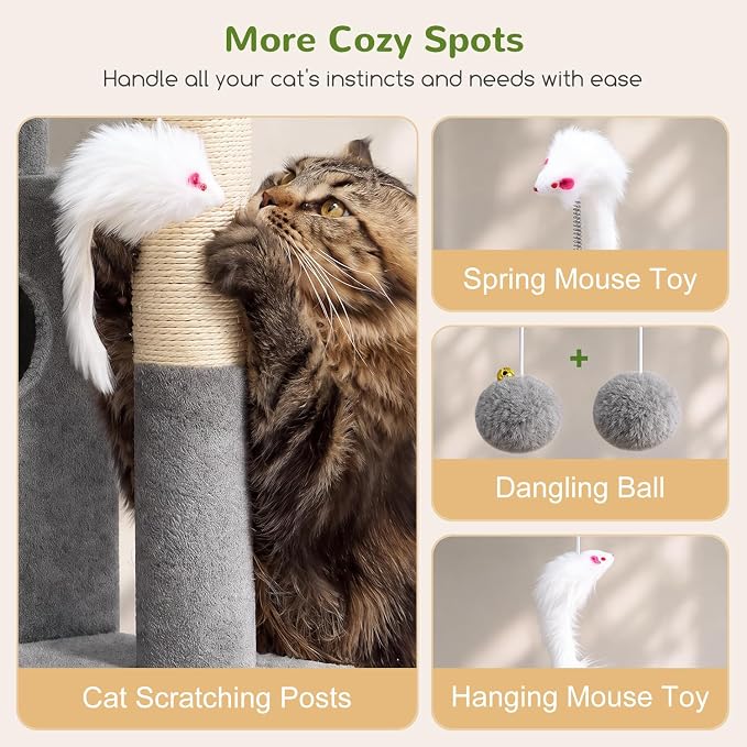 Globlazer Cat Tree Tower for Indoor Cats, 50-inch Adult Cat Tree House for Large Adult Cats with Steps, Scratching Post, 2 Cat Caves, Dangling Toys, FC50, Light Grey