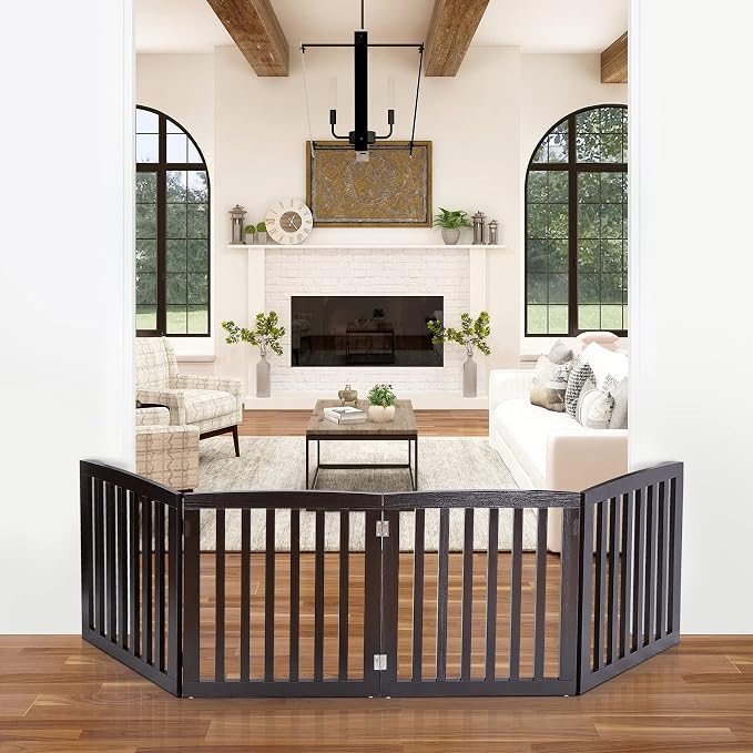 Extra Wide Dog Gate 24 Inch High Freestanding Indoor Pet Door for House Doorways Stairs Halls, Foldable Wood Outdoor Safety Fence 4 Panels, Coffee