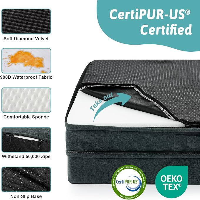 COZY KISS Dog Beds for Extra Large Dog, XXL Bolster Pet Couch with Waterproof Lining, Egg Crate Foam Sofa for Pets Up to 150 lbs, U-Shaped, 48x35x8 inch, Black