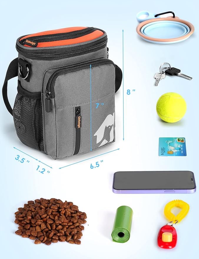 8 Cup Dog Treat Pouch with Training Clicker(Gray & Orange) | 3 Ways to Wear/Built-in Poop Bag Dispenser/Zipper Front Pocket Phone Friendly Treat Bag for Pet Training & Walking