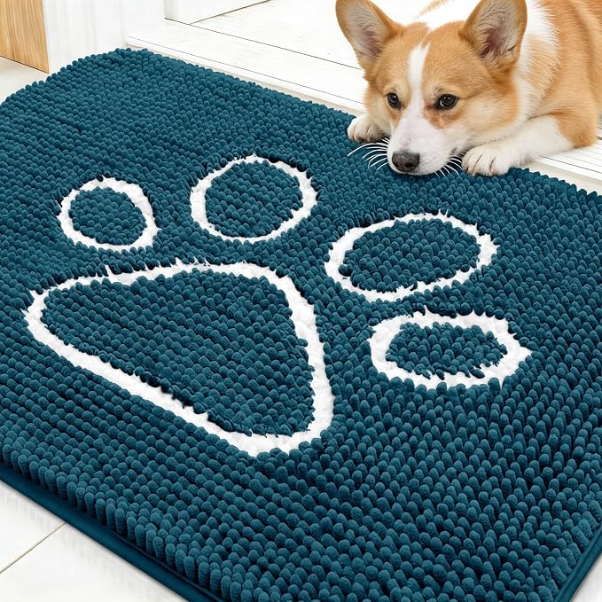 OLANLY Dog Door Mat for Muddy Paws 30x20, Paw Print Design Chenille Mud Mat | Atlantic Blue, Absorbent, Traps Moisture and Dirt, Non-Slip Washable Doormat, Quick-Dry Indoor Entryway Floor Carpet for Dogs