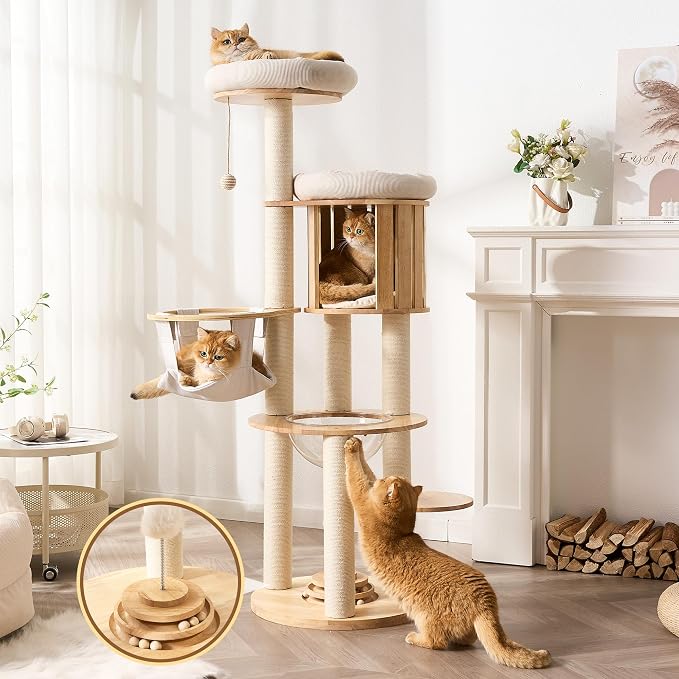 Modern Cat Tree Tower with Scratching Post, 61.5in Tall Cat Tree for Indoor Cats, Multi-Level Solid Wood Cat Furniture with Cozy Cat Beds, Condo, Hammock, Capsule Nest, Turntable Toy, Natural