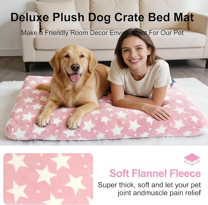 Orthopedic Dog Bed for Large Dogs, Washable Dog Mat with Removable Zippered Cover, Non-Slip Bottom, Comfort Crate Bed (Big&Little Stars Pink, L(35"*23"*3.1"))