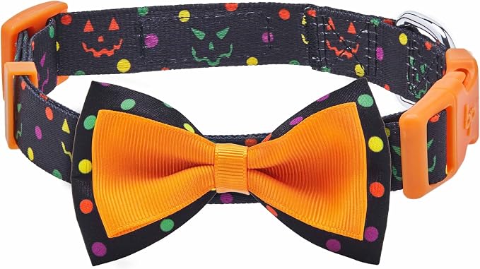 Blueberry Polka Dot Adjustable Dog Collar with Bowtie, Large Neck 18"-26", Perfect Halloween Collar