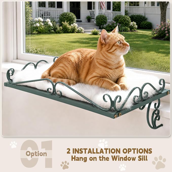 PUPETPO Cat Window Perch for Large Cats, 2-in-1 Window & Sill Mount, Green | Heavy-Duty Iron Frame with Triangle Support, Cat Window Bed with Plush Cushion, Holds 40+ lbs