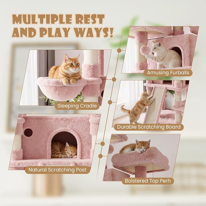 SHA CERLIN 81 Inches Extra Large Cat Tree for Indoor Adult Cats/XXL Big Cat Tower with Condo/Cozy Perches/Sisal Scratching Posts and Hammocks/Activity Center/F80/Heavy Duty/Pink