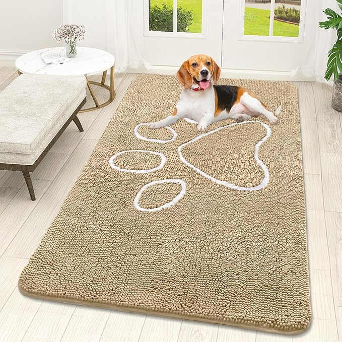 OLANLY Dog Door Mat for Muddy Paws 59x32, Paw Print Design Chenille Mud Mat | Beige, Absorbent, Traps Moisture and Dirt, Non-Slip Washable Doormat, Quick-Drying Indoor Entryway Floor Carpet for Dogs