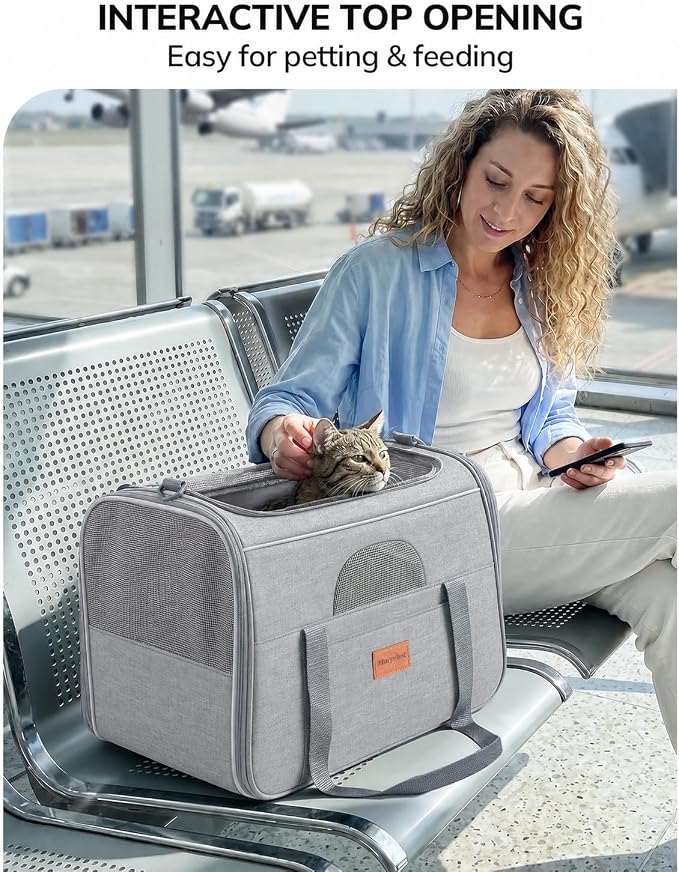 Morpilot Airline Approved Cat Carrier, 16.5" x11" x11" Soft-Sided Pet Travel Carrie with 4-Sided Mesh Ventilation for Cats & Puppies up to 15lbs (Light Gray)