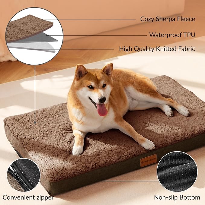 Patas Lague Orthopedic Large Dog Bed Washable Pet Sofa Mat 48''X30'' Brown | Egg-Crate Foam Dog Couch For Large Sized Dogs, Waterproof Removable Cover, Soft Pet Crate Bed With Nonskid Bottom