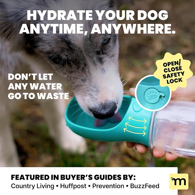MalsiPree Dog Water Bottle Dispenser - 12 oz Blue, Leak-Proof | 12oz leak-proof bottle - one-hand use - built-in bowl - Use for dog walks, travel, hiking & beach days