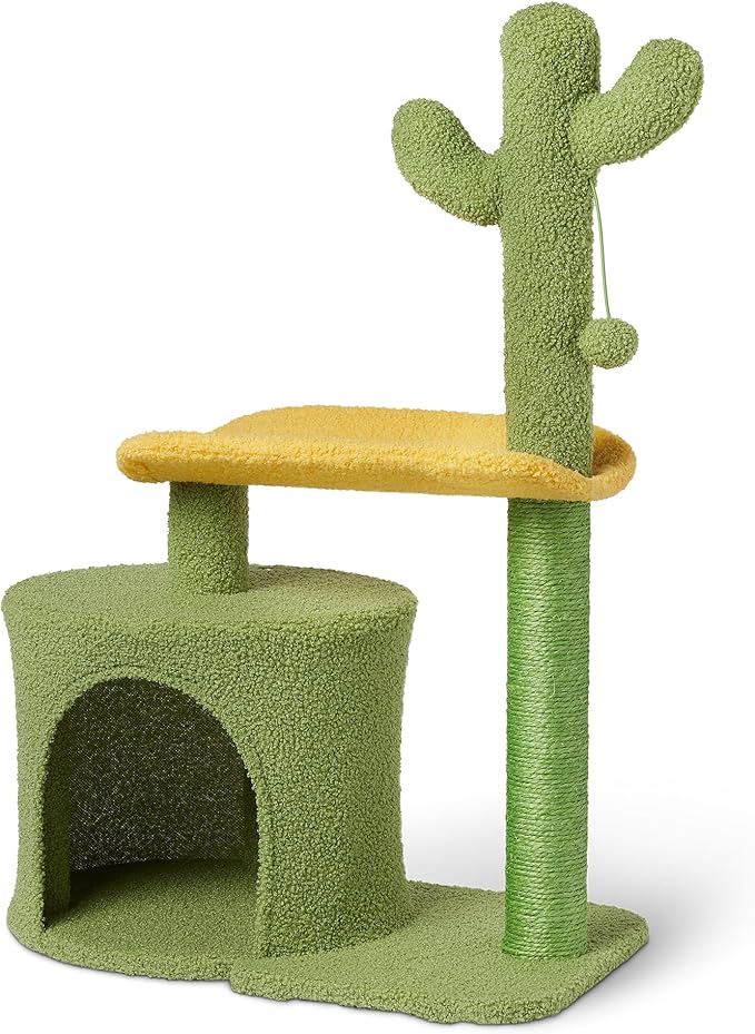 Amazon Basics Cactus Cat Tree for Indoor Cats & Kittens, Scratching Post with Curved Perch, Cozy Cat Condo, Natural Sisal, Interactive Dangling Ball, 30.7" (77.9cm) H, Green