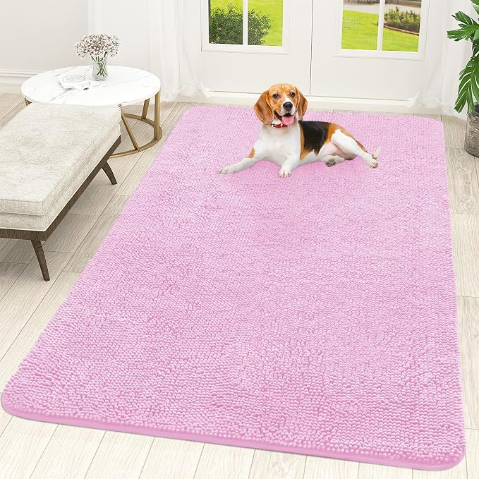 OLANLY Dog Door Mat for Muddy Paws 70x46, Super Absorbent Chenille Mud Mat | Pink, Absorbs Moisture and Dirt, Non-Slip Machine Washable Doormat, Quick-Drying Indoor Entryway Floor Carpet for Dogs