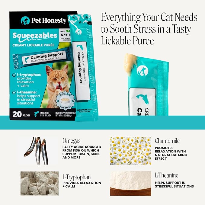 Pet Honesty Cat Lickable Treats with L-Theanine & Chamomile - Squeezable Puree Pouches for Cats - Behavior Support for Travel, Vet Visits, Grooming, & Separation (Salmon, 20 Ct)