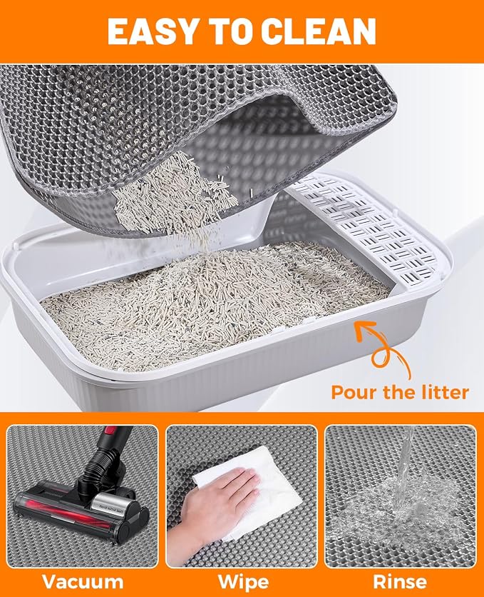 Cat Litter Mat - Extra Large Cat Litter Mat Litter Trapping Mat 46"x26"-Honeycomb Double Layer Design,Urine and Water Proof Material,No Slip& No Phthalate,Washable Easy Clean（Grey）