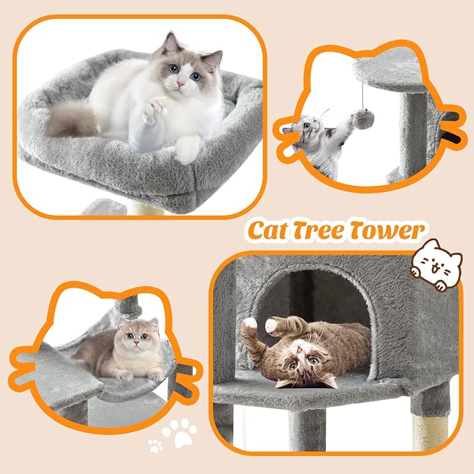44 Inch Small Cat Tree Tower for Indoor Cats and Kittens | Multi-Level Cat Climbing Tower with Natural Sisal Scratching Post and Hammock, Pet Condo, Light Grey